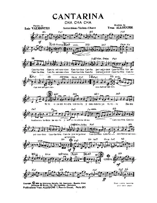 télécharger la partition d'accordéon Cantarina (Cha Cha Cha) au format PDF