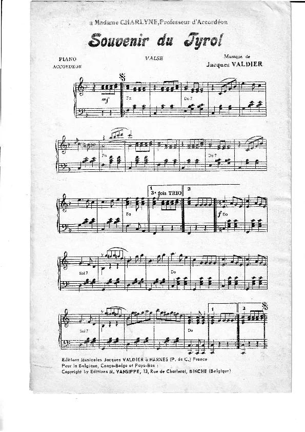 télécharger la partition d'accordéon Souvenir du Tyrol (Valse) au format PDF
