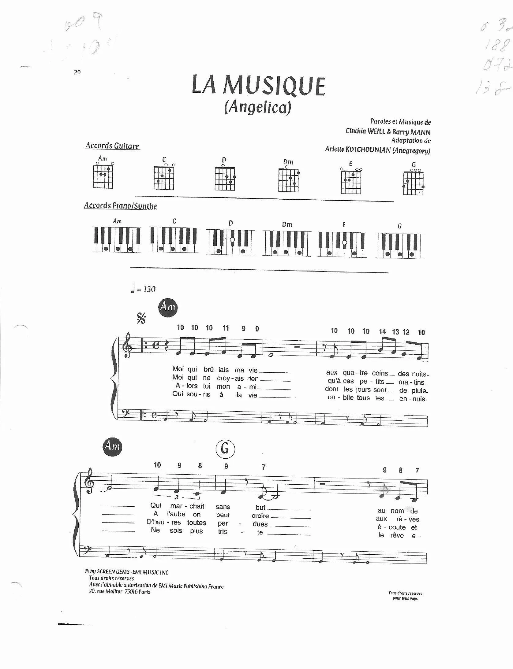 télécharger la partition d'accordéon La Musique (Angelica) (Adaptation : Arlette Kotchounian) (Chant : Nicoletta) au format PDF