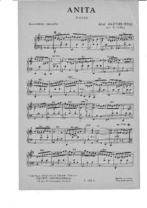 télécharger la partition d'accordéon Anita (Arrangement : Marcel Camia) (Valse) au format PDF