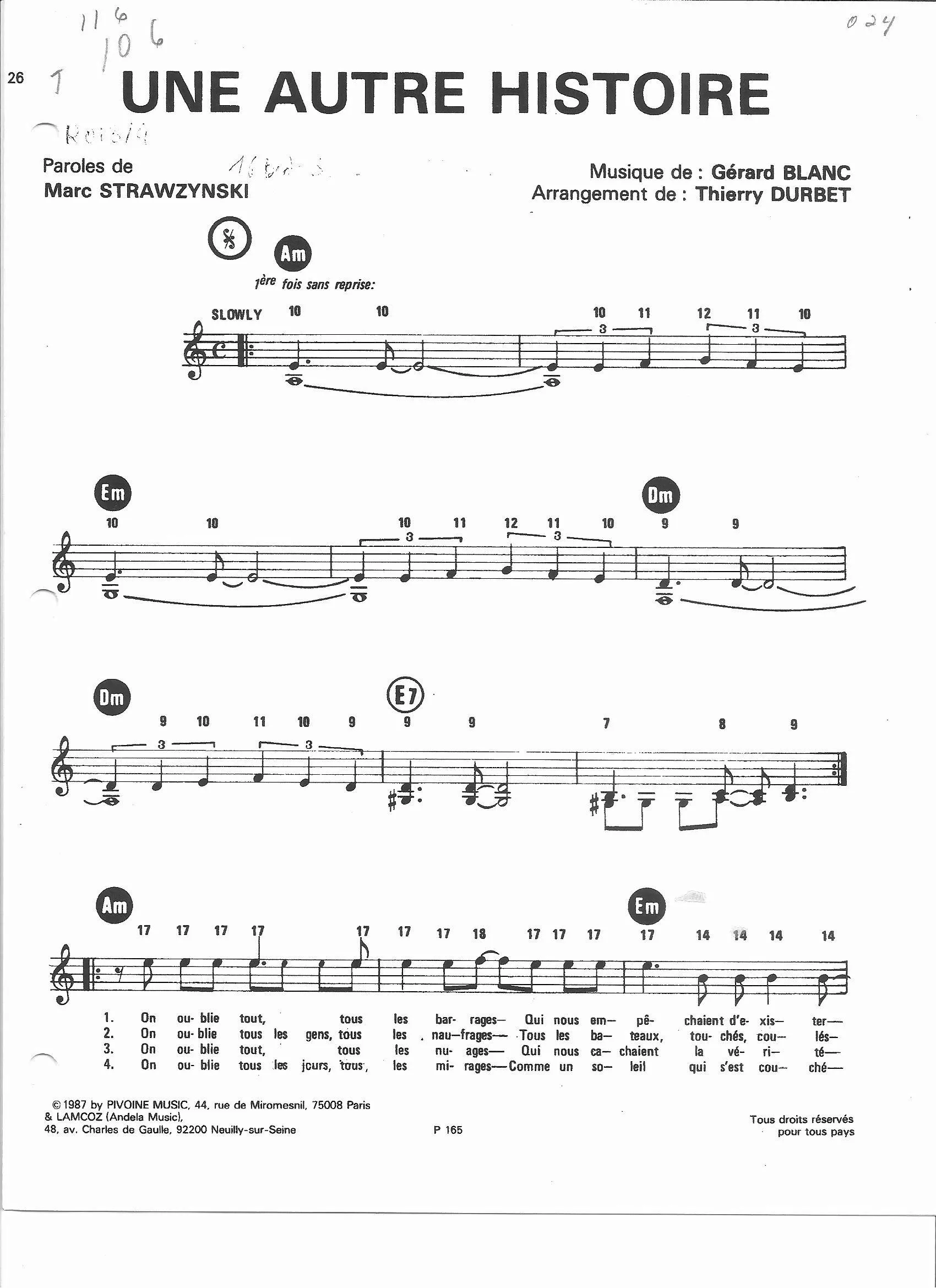 télécharger la partition d'accordéon Une autre histoire (Arrangement : Thierry Durbet) au format PDF