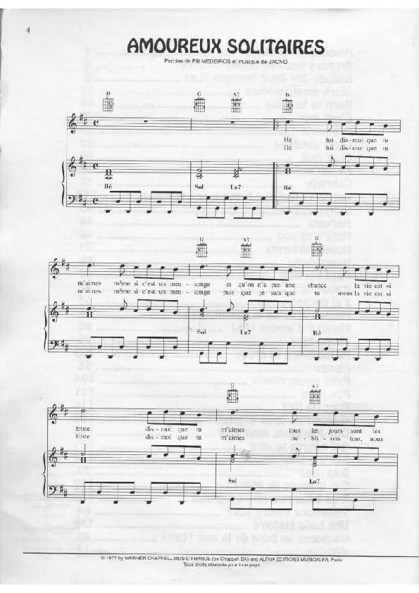 télécharger la partition d'accordéon Amoureux solitaires (Chant : Lio) (Disco Pop) au format PDF