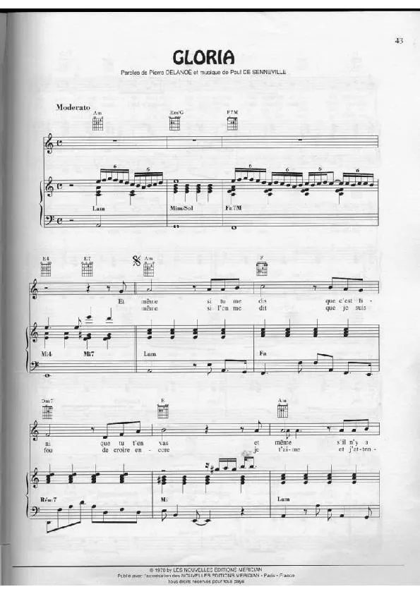 télécharger la partition d'accordéon Gloria (Chant : Michel Polnareff) (Slow) au format PDF