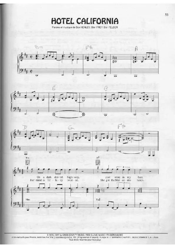 télécharger la partition d'accordéon Hotel California (Interprètes : The Eagles) (Slow Rock) au format PDF