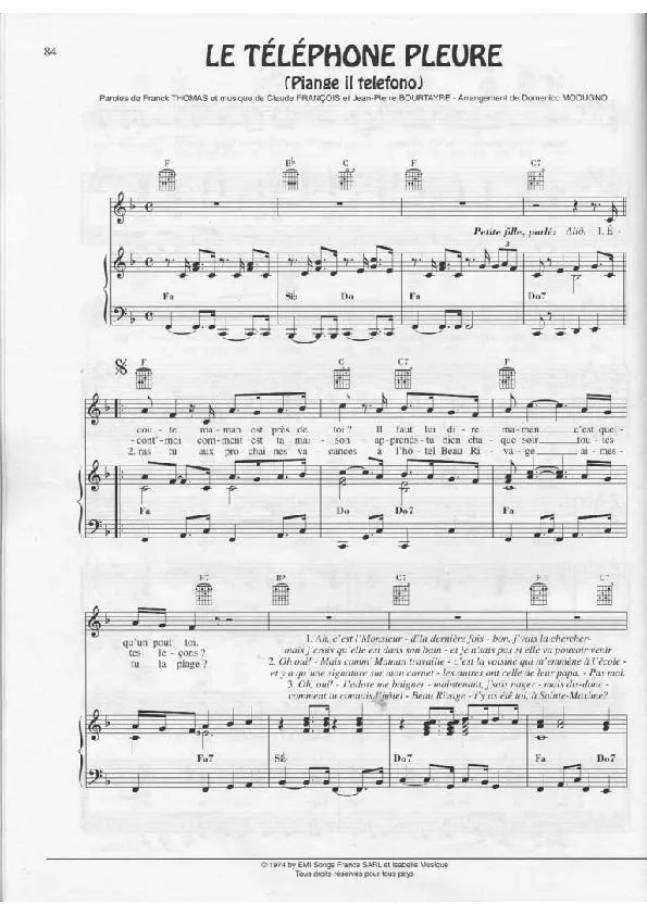 télécharger la partition d'accordéon Le téléphone pleure (Piange il telefono) (Arrangement : Domenico Modugno) (Slow) au format PDF