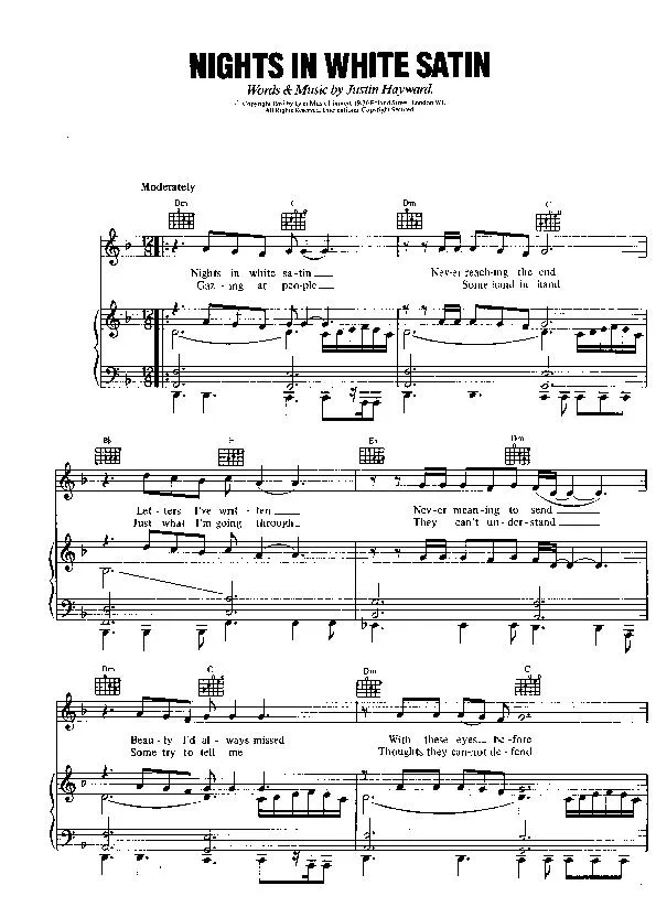 télécharger la partition d'accordéon Nights in white satin (Interprètes : The Moody Blues) (Slow Rock) au format PDF