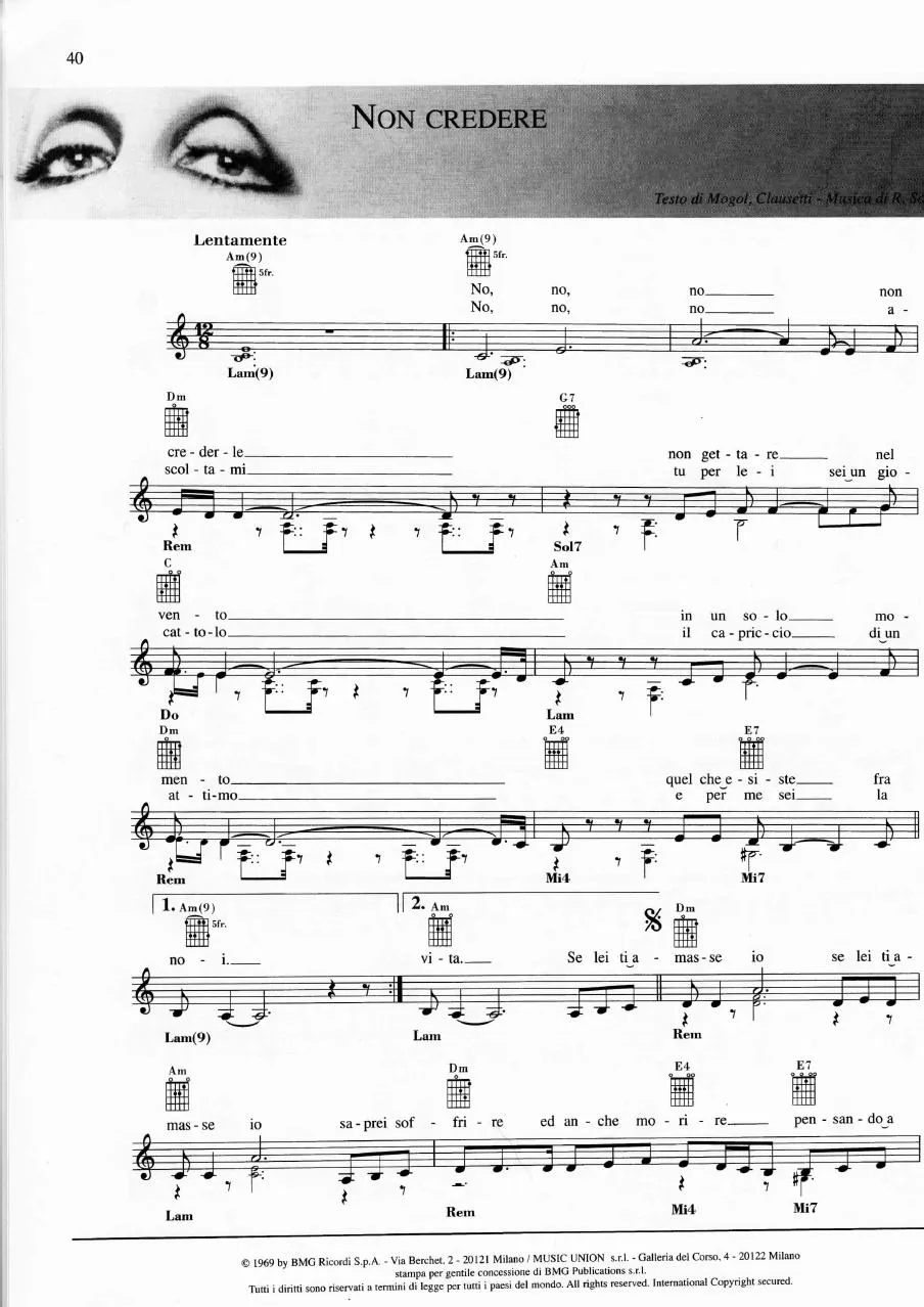 télécharger la partition d'accordéon Non credere (Chant : Mina) (Slow Rock) au format PDF