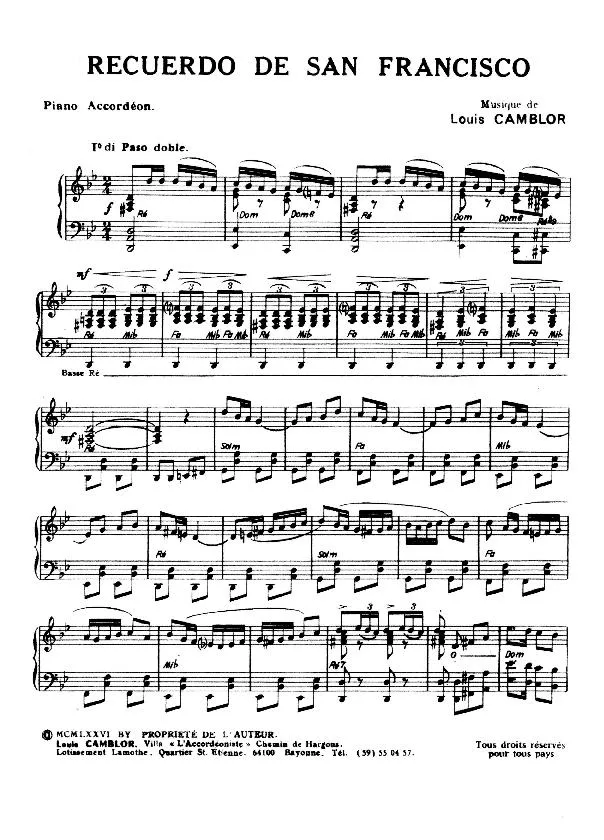 télécharger la partition d'accordéon Recuerdo de San Francisco (Paso Doble) au format PDF