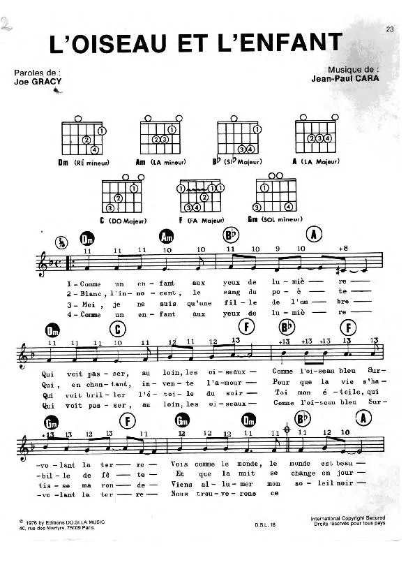 télécharger la partition d'accordéon L'oiseau et l'enfant (Chant : Marie Myriam) au format PDF