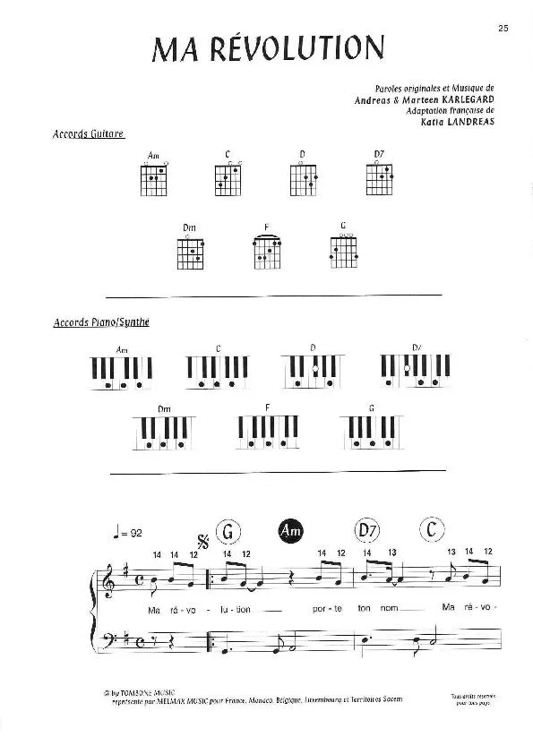 télécharger la partition d'accordéon Ma révolution (Chant : Jenifer) au format PDF