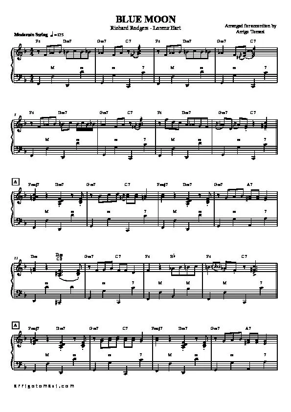 télécharger la partition d'accordéon Blue Moon (Arrangement : Arrigo Tomasi) (Accordéon) au format PDF