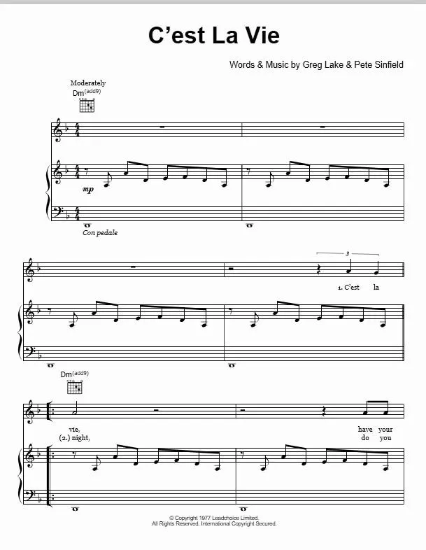 télécharger la partition d'accordéon C'est la vie (Chant : Carl Palmer, Keith Emerson and Greg Lake) au format PDF