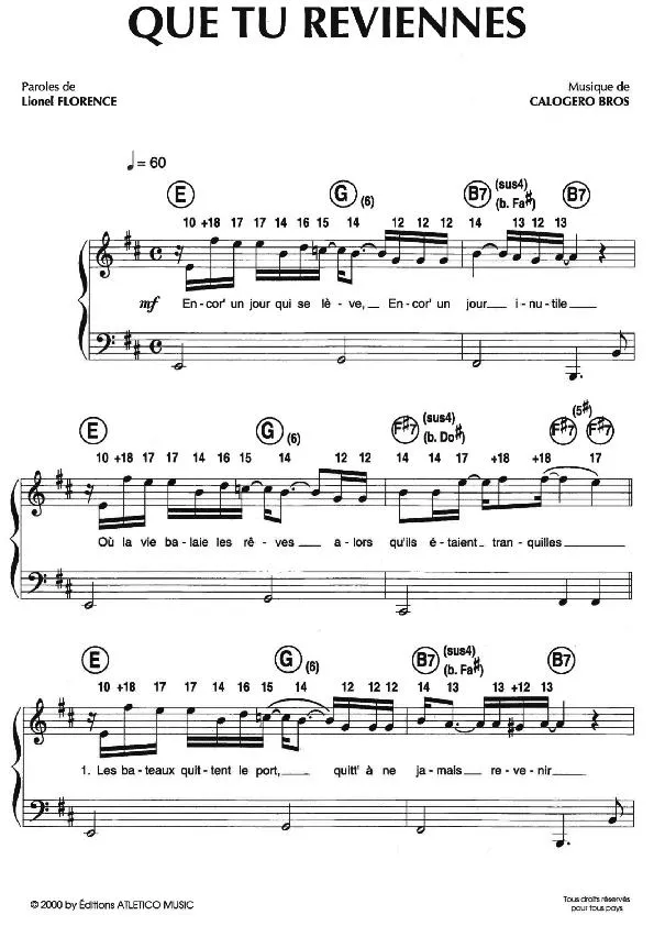 télécharger la partition d'accordéon Que tu reviennes (Chant : Patrick Fiori) au format PDF