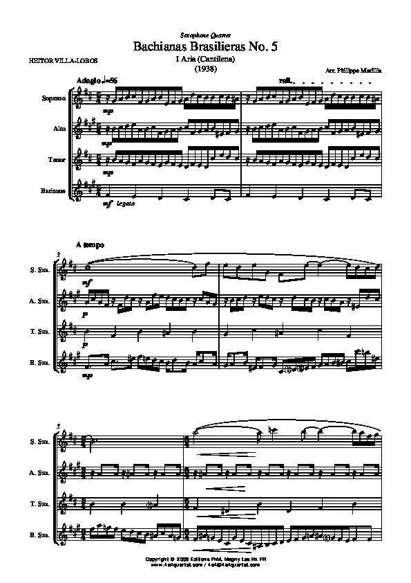 télécharger la partition d'accordéon Bachianas Brasilieras n°5 / I Aria (Cantilena) (Arrangement : Philippe Marillia) (Pour Quartet de Saxophones) au format PDF