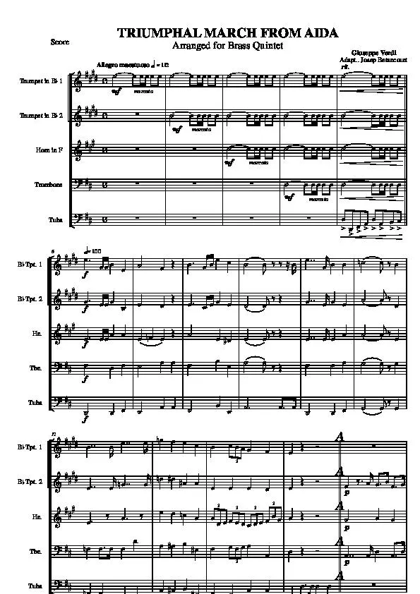 télécharger la partition d'accordéon Triumphal March From Aida (Arranged for Brass Quintet) (Adaptation : Josep Betancourt) (Parties Cuivres) au format PDF