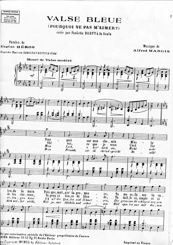 télécharger la partition d'accordéon Valse bleue (Pourquoi ne pas m'aimer) (Chant : Paulette Darty) au format PDF