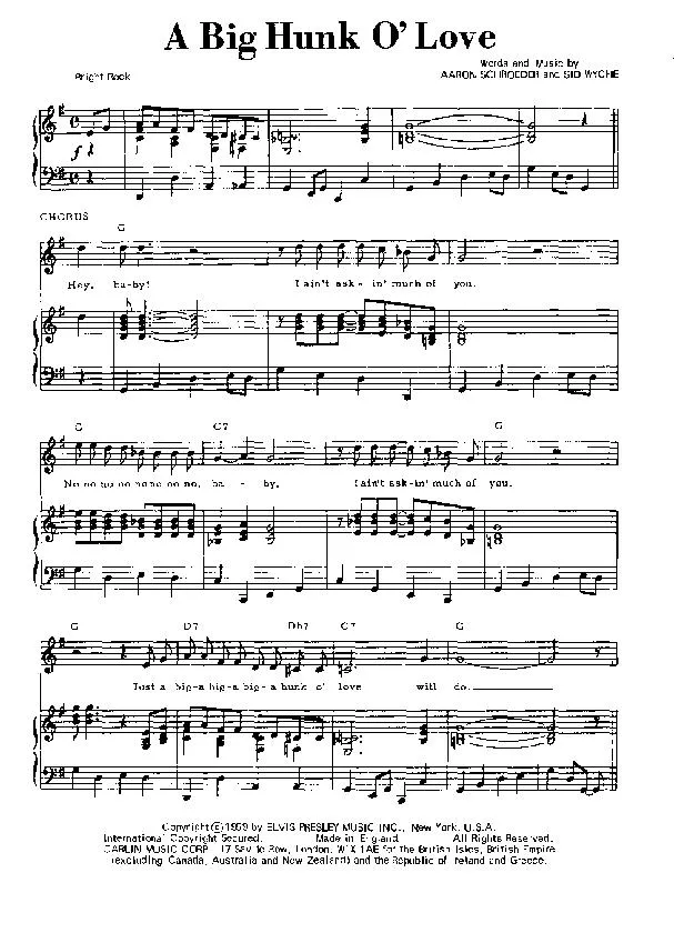 télécharger la partition d'accordéon A big hunk o' love (Chant : Elvis Presley) (Rock and Roll) au format PDF