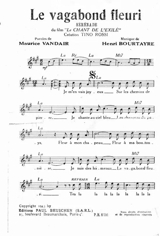 télécharger la partition d'accordéon Le vagabond fleuri (Du Film : Le chant de l'exilé) (Chant : Tino Rossi) (Sérénade) au format PDF
