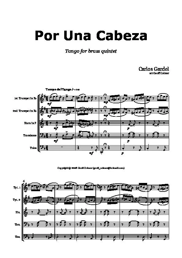télécharger la partition d'accordéon Por Una Cabeza / For Brass Quintet (Arrangement : Geoff Colmer) (Tango) (Parties Cuivres)  au format PDF