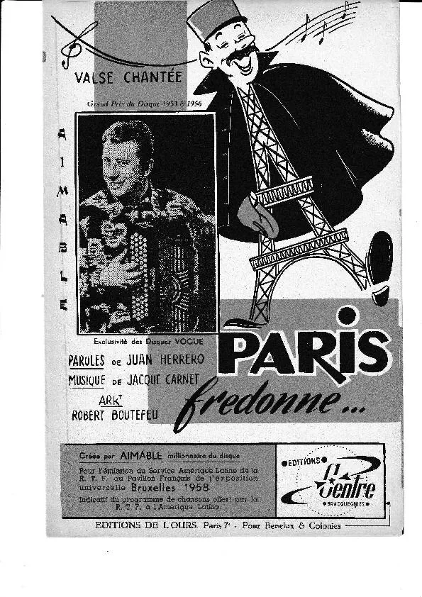 télécharger la partition d'accordéon Paris Fredonne (Arrangement : Robert Boutefeu) (Créée par : Aimable) (Orchestration Complète) (Valse Chantée) au format PDF