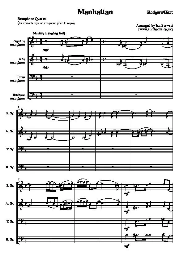 télécharger la partition d'accordéon Manhattan (Arrangement by Ian Stewart) (Saxophone Quartet) (Parties Cuivres) au format PDF