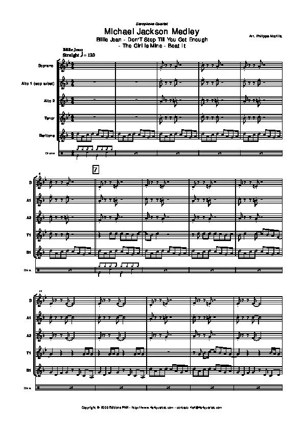 télécharger la partition d'accordéon Michael Jackson : Medley  Billie Jean (Don't stop till you get enough / The girl is mine / Beat it) (Arrangement : Philippe Marillia) (Quintet Saxophone) (Partites Cuivres) au format PDF