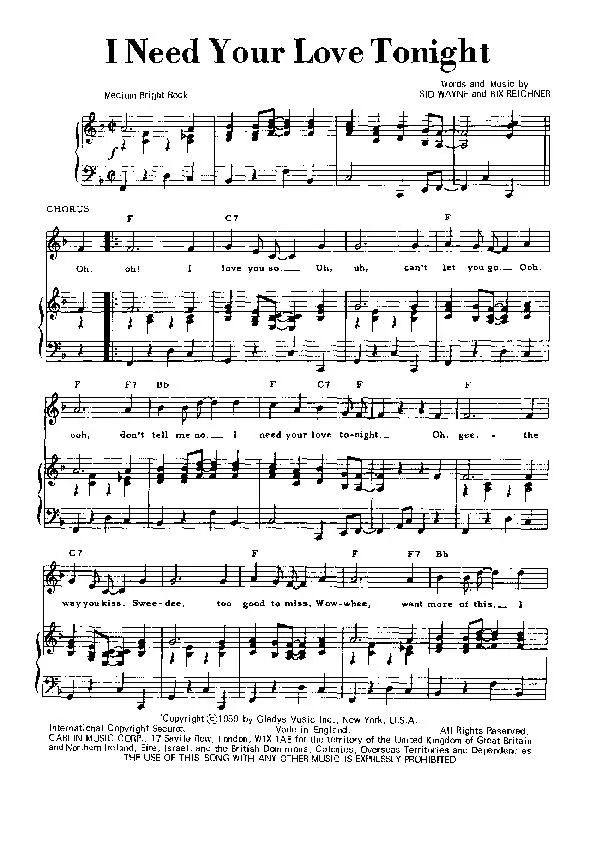 télécharger la partition d'accordéon I need your love tonight (Chant : Elvis Presley) (Rock and Roll) au format PDF