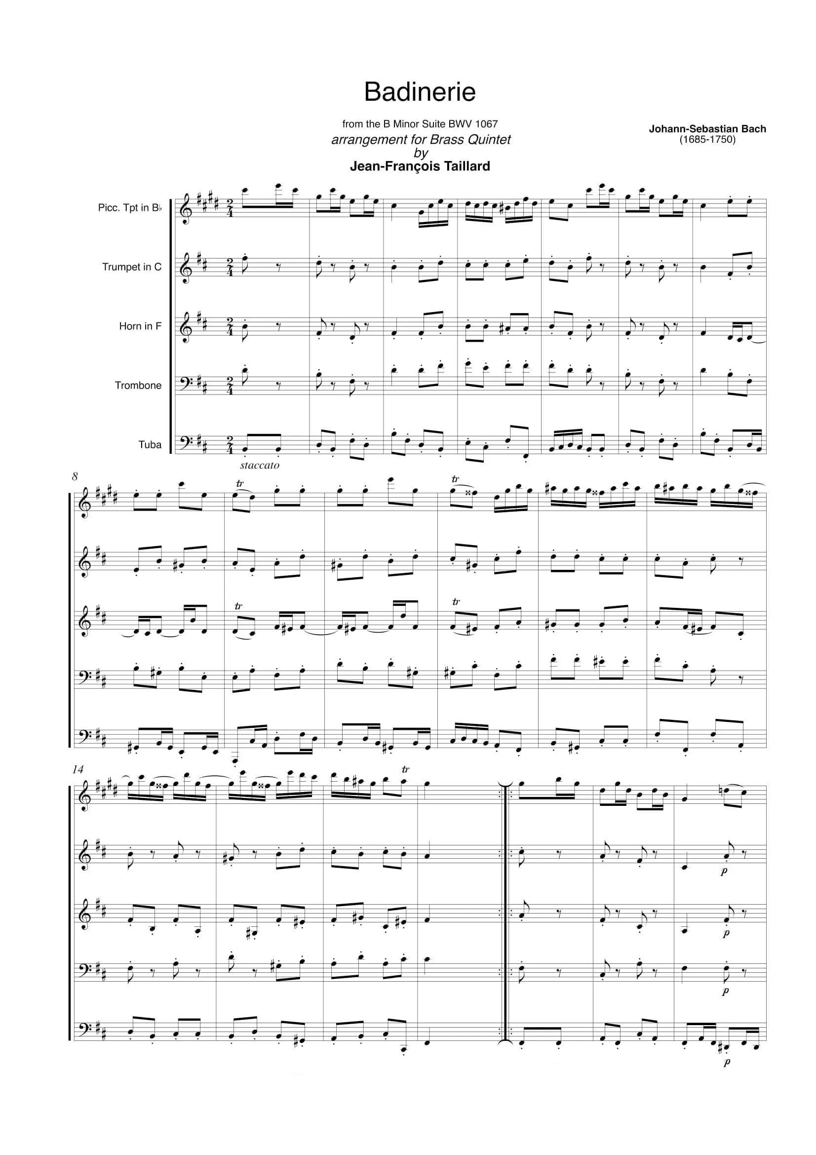 télécharger la partition d'accordéon Badinerie (From the B Minor Suite BWV 1067) (Arrangement for Brass Quinte : by  Jean-François Taillard) (Parties Cuivres) au format PDF