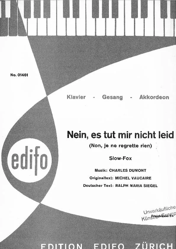 télécharger la partition d'accordéon Nein es tut mir nicht leid (Non je ne regrette rien) (Arrangement : Carlos Dierhammer) (Chant : Edith Piaf) (Klavier / Gesang / Akkordeon) au format PDF