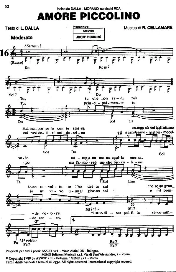 télécharger la partition d'accordéon Amore Piccolino (Chant : Lucio Dalla et Gianni Morandi) (Rumba) au format PDF