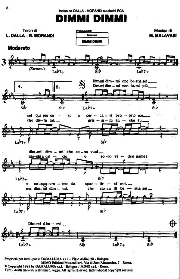 télécharger la partition d'accordéon Dimmi dimmi (Chant : Lucio Dalla & Gianni Morandi) (Slow Bossa) au format PDF