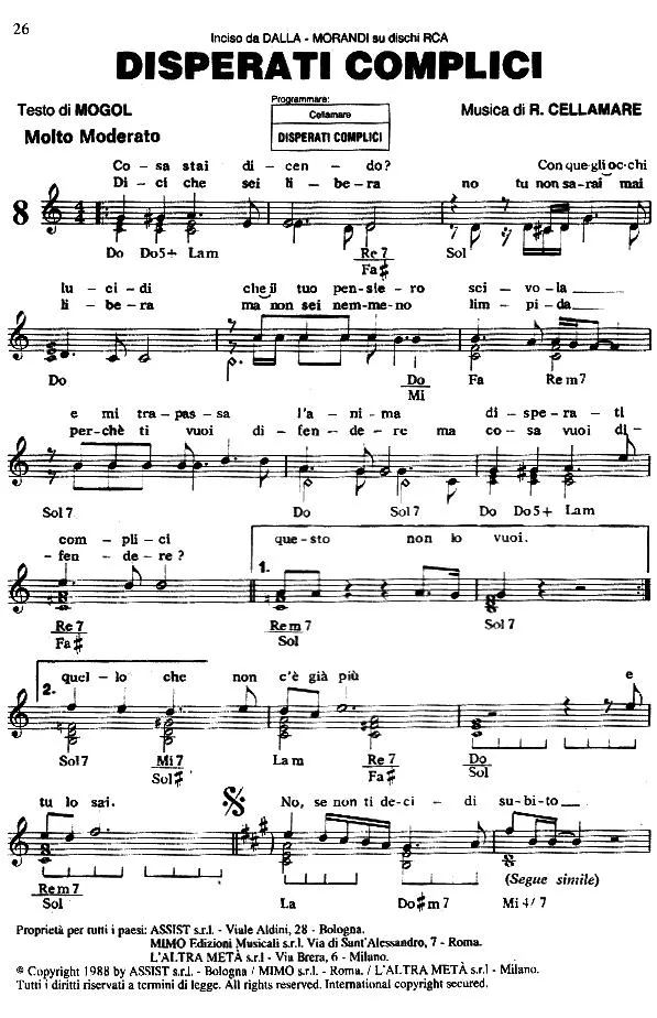 télécharger la partition d'accordéon Disperati complici (Chant : Lucio Dalla & Gianni Morandi) (Slow) au format PDF