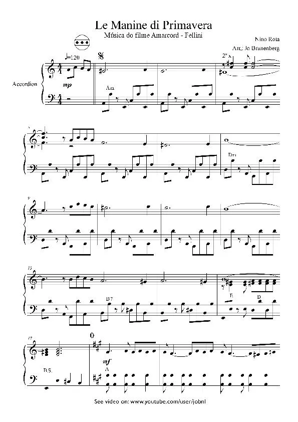 télécharger la partition d'accordéon Le manine di Primavera (Du Film : Amarcord) (Arrangement : Jo Brunenberg) au format PDF