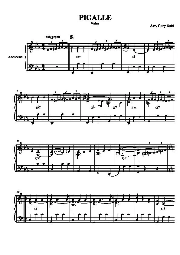 télécharger la partition d'accordéon Pigalle (Arrangement : Gary Dahl) (Valse) au format PDF