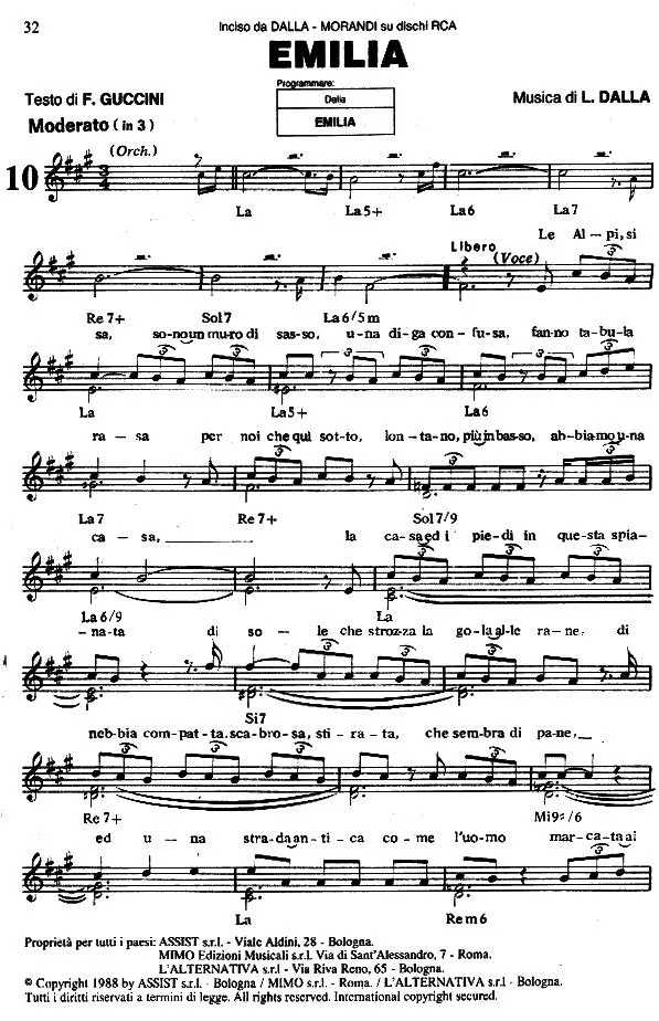 télécharger la partition d'accordéon Emilia (Chant : Lucio Dalla & Gianni Morandi) (Valse lente) au format PDF