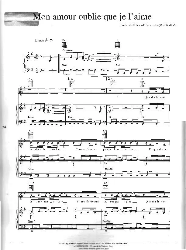 télécharger la partition d'accordéon Mon amour oublie que je l'aime (Chant : Florent Pagny) (Slow) au format PDF