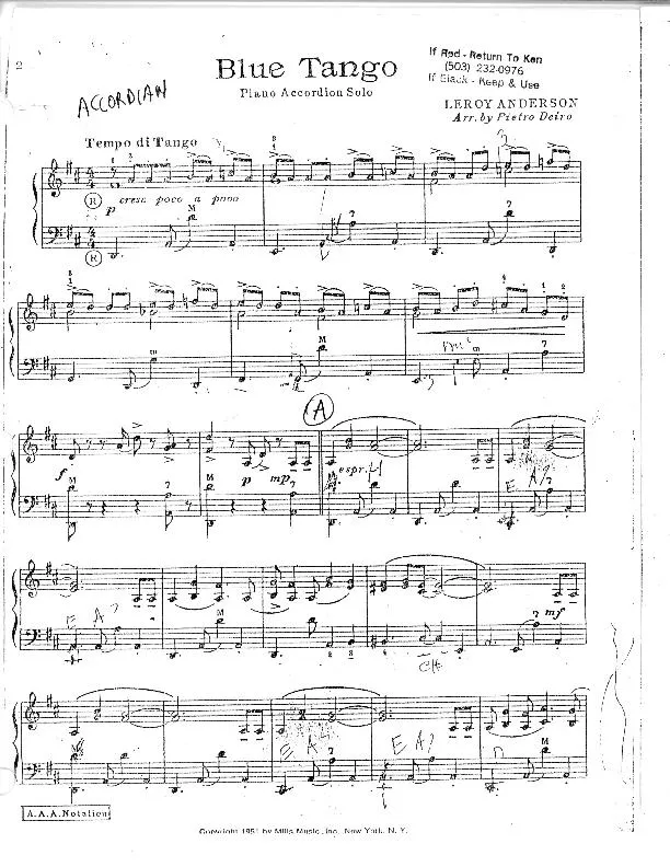 télécharger la partition d'accordéon Blue Tango (Arrangement : Pietro Deiro) au format PDF