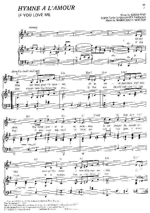 télécharger la partition d'accordéon Hymne à l'Amour (If you love me) au format PDF