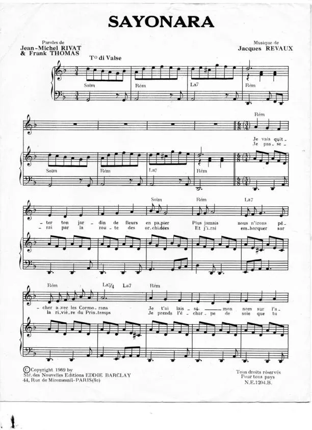 télécharger la partition d'accordéon Sayonara (Chant : Hervé Vilard) (Valse) au format PDF