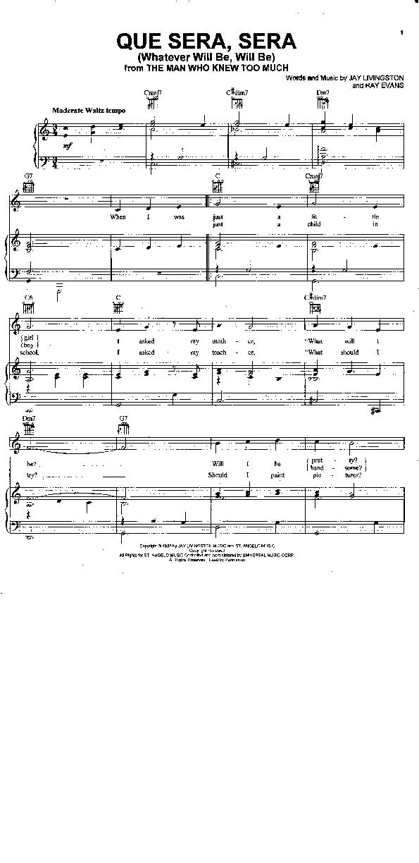 télécharger la partition d'accordéon Que Sera Sera (Whatever Will Be Will Be) (From : The Man Who Knew Too Much (Chant : Dorys Dey) (Piano) au format PDF