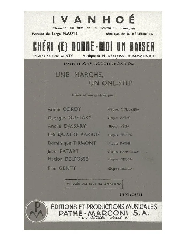 télécharger la partition d'accordéon Chéri(e) donne-moi un baiser (Chant : Annie Cordy / Georges Guétary / André Dassary / Les Quatre Barbus) (Orchestration Complète) au format PDF