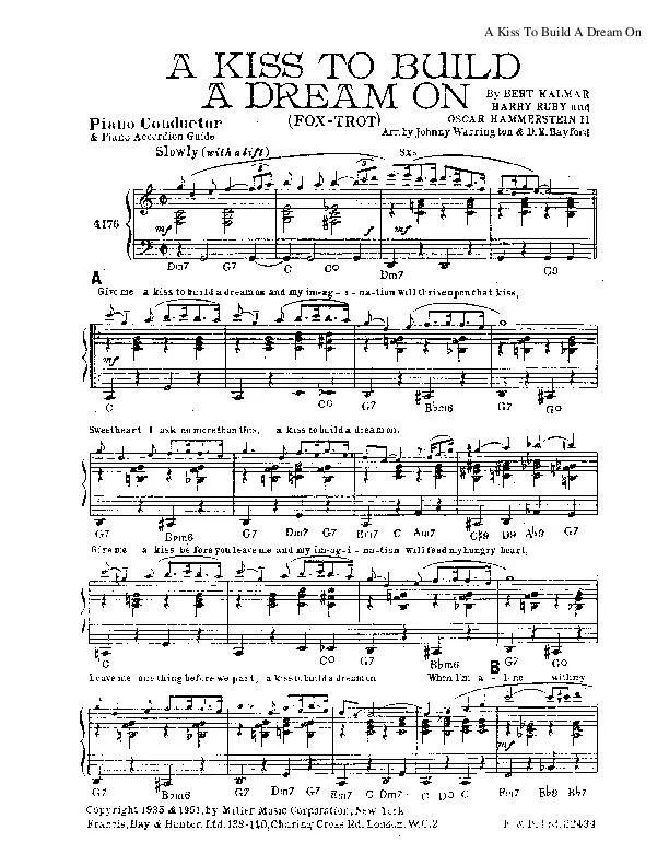 télécharger la partition d'accordéon A kiss to build a dream on (Arrangement : Johnny Warrington and Dudley E Bayford) (Piano Conductor) (Fox Trot) au format PDF