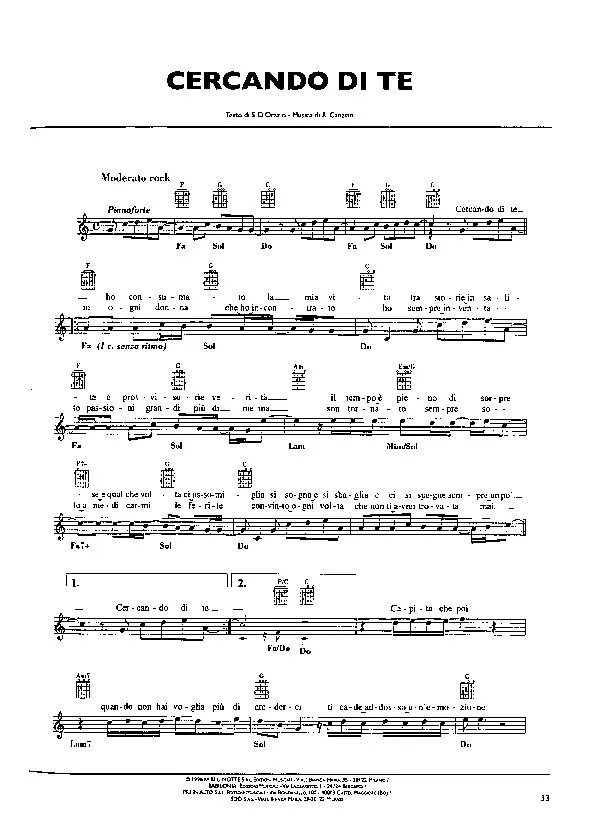télécharger la partition d'accordéon Cercando di te (Chant : Pooh) (Slow) au format PDF