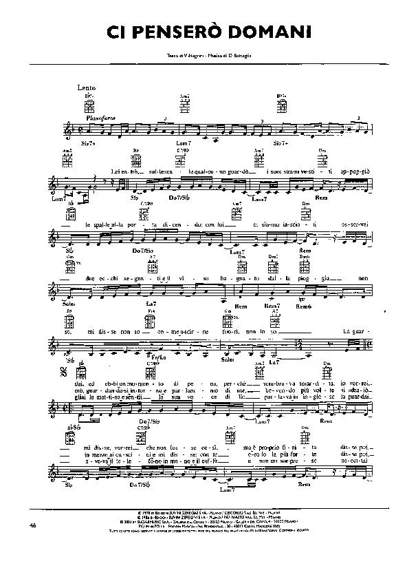 télécharger la partition d'accordéon Ci penserò domani (Chant : Pooh) (Slow) au format PDF