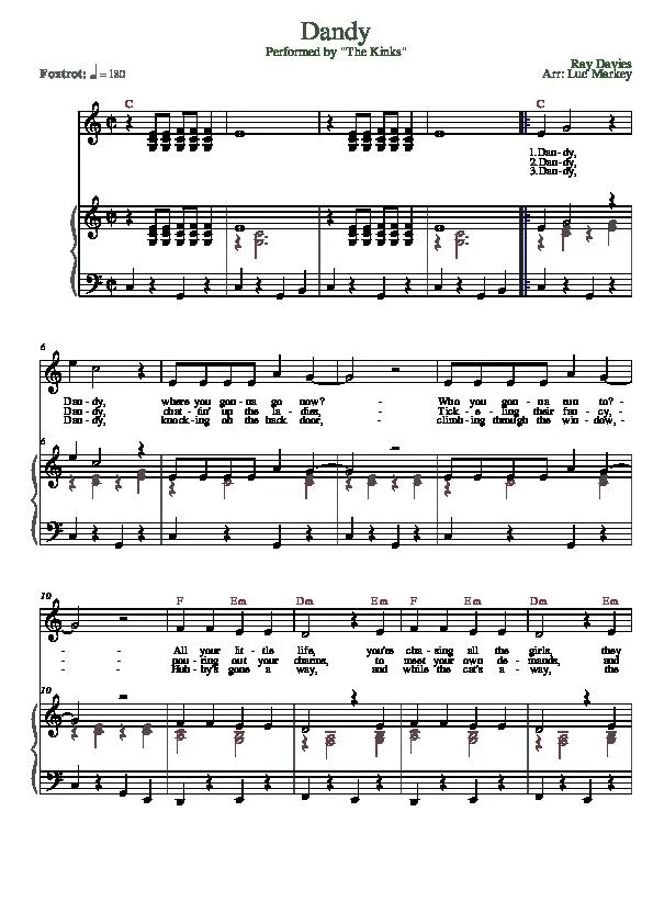 télécharger la partition d'accordéon Dandy (Arrangement : Luc Markey) (Chant : The Kinks) (Fox-Trot) au format PDF
