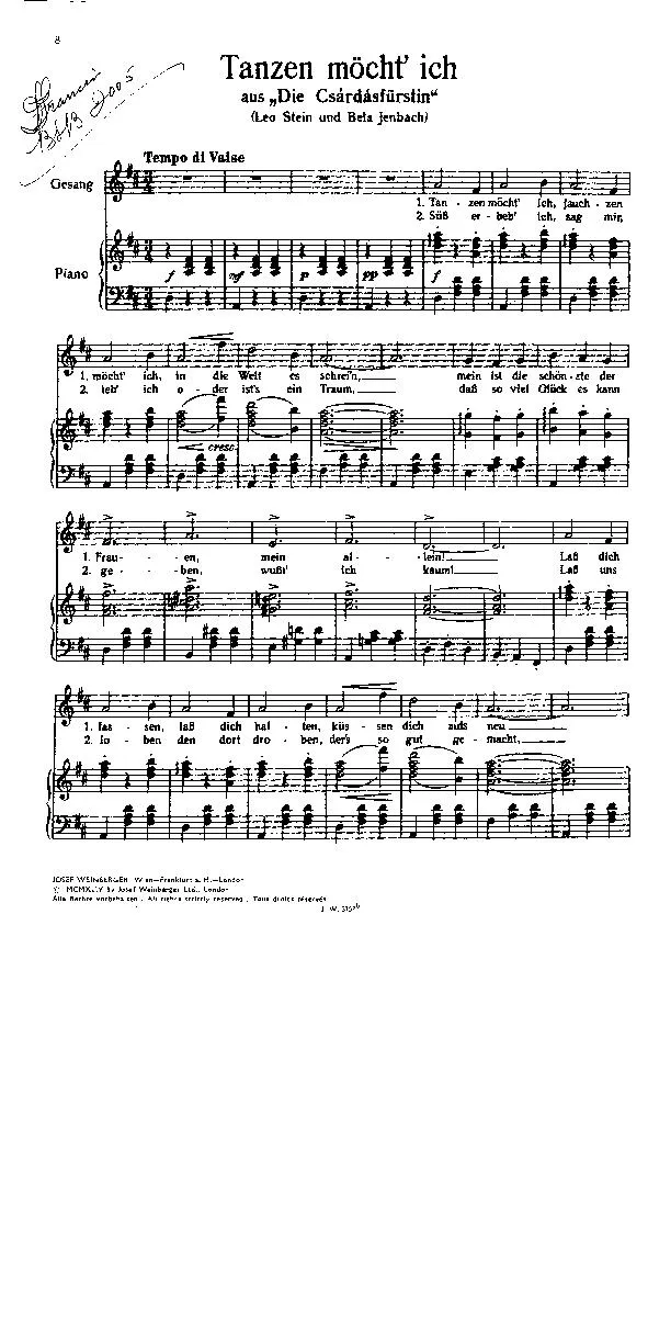 télécharger la partition d'accordéon Tanzen möcht' ich (Aus : Die Czardasfürstin) (Opérette Princesse Czardasza) (Chant : Leo Stein und Bela Jenbach) (Valse) (Chant + Piano) au format PDF