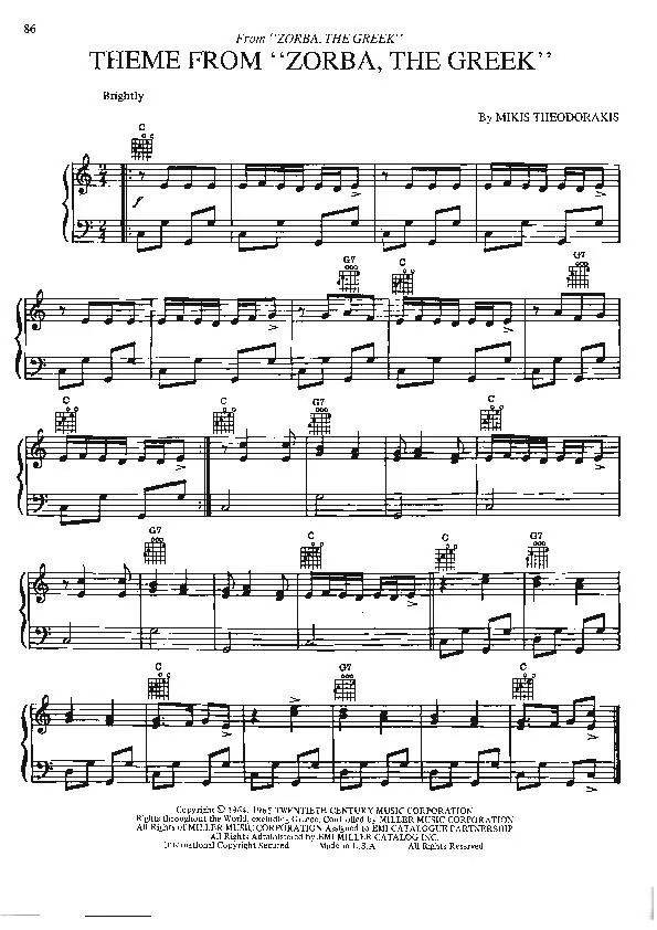 télécharger la partition d'accordéon Theme from : Zorba the Greek au format PDF
