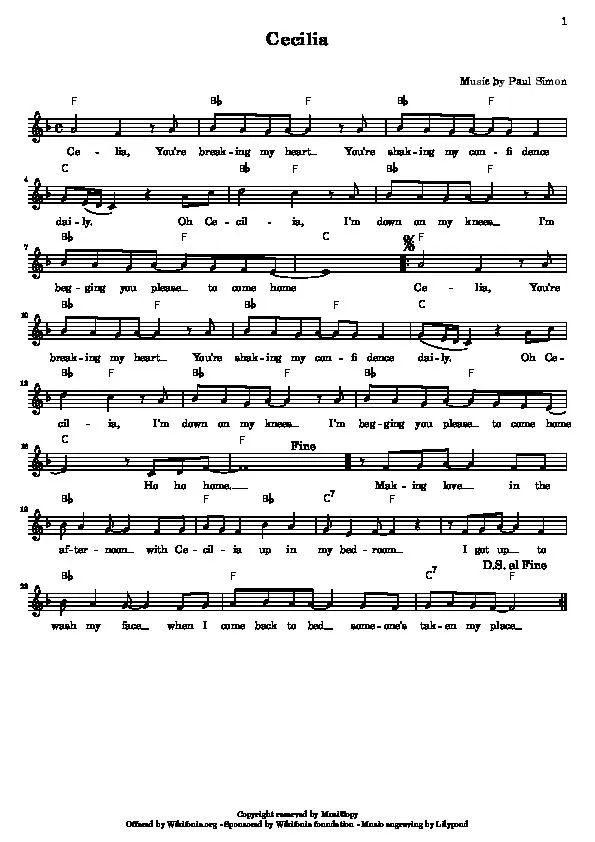 télécharger la partition d'accordéon Cecilia au format PDF