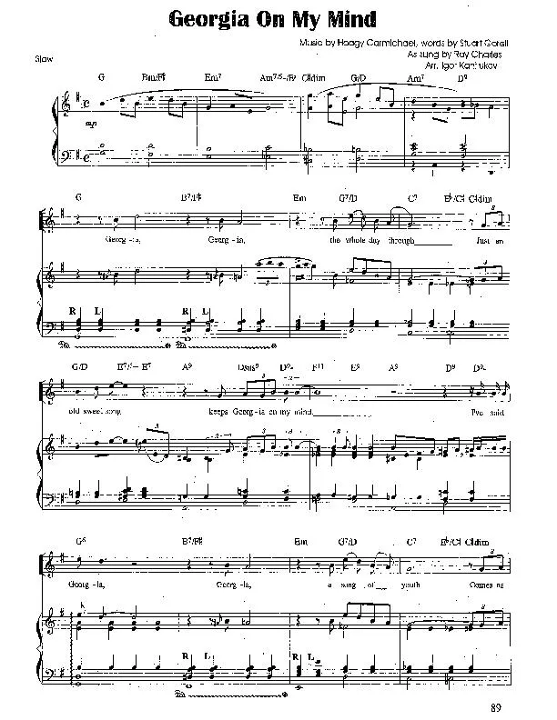 télécharger la partition d'accordéon Georgia on my mind (Chant : Ray Charles) (Arrangement : Igor Kantiukov) (Slow) au format PDF