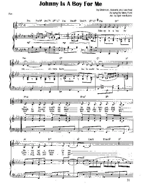 télécharger la partition d'accordéon Johnny is a boy for me (Chant : Mary Ford) (Arrangement : Igor Kantiukov) (Fox-Trot) au format PDF
